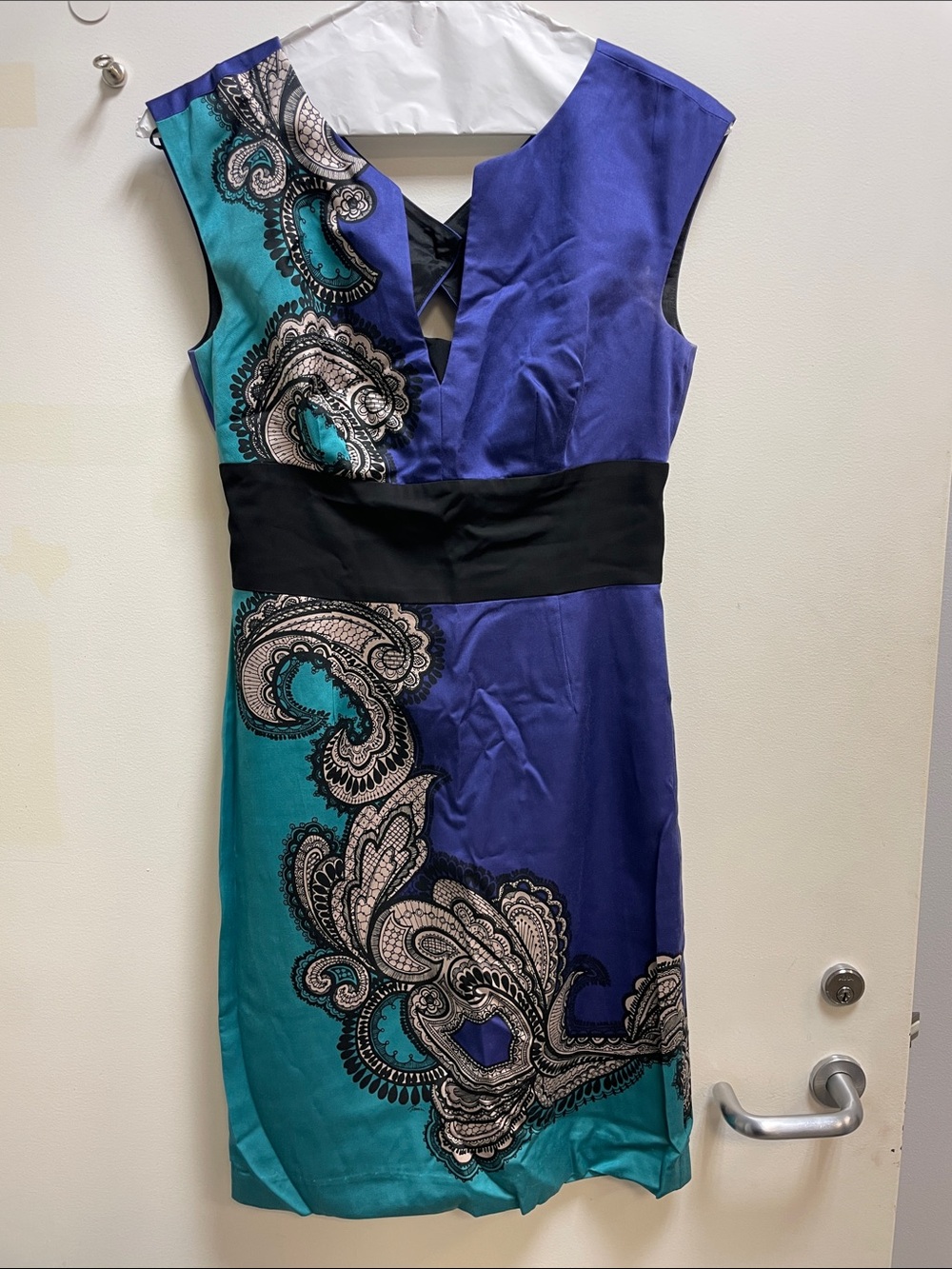 Trina Turk Teal & Purple Paisley Sheath Dress with Black Waist